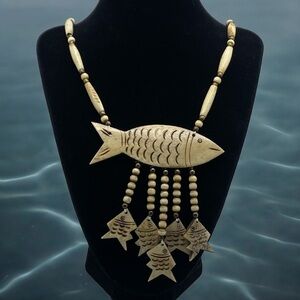Vintage Hand Carved Natural Bone Beaded Fish Pendant Statement Necklace Artisan
